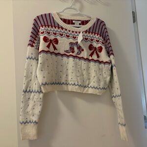Haute Hippie Ivory Cropped Sweater with Red Bows & Light Blue Accents